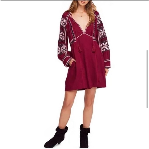 Free People Dresses & Skirts - Free People All My Life Dress Small Boho Embroidered Tassel Beachy Maroon